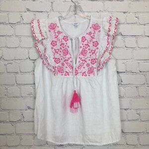 Crown & Ivy White Ruffle Embroidered Blouse Size M 100% Linen